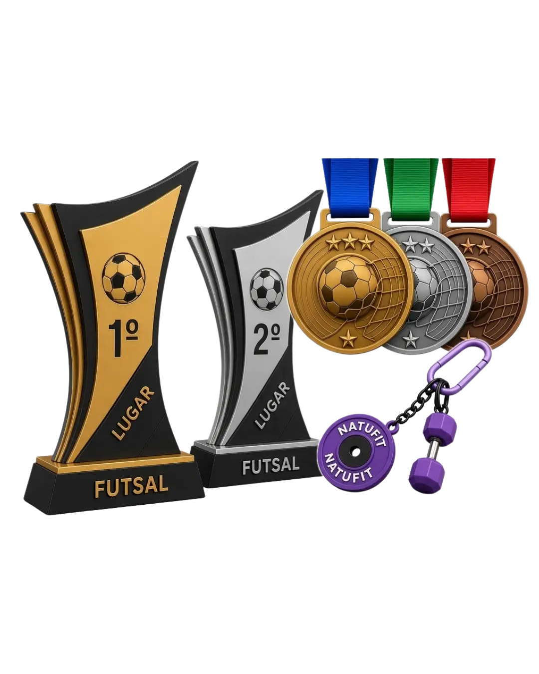 Troféus de futsal, medalhas e chaveiro personalizado impressos em 3D