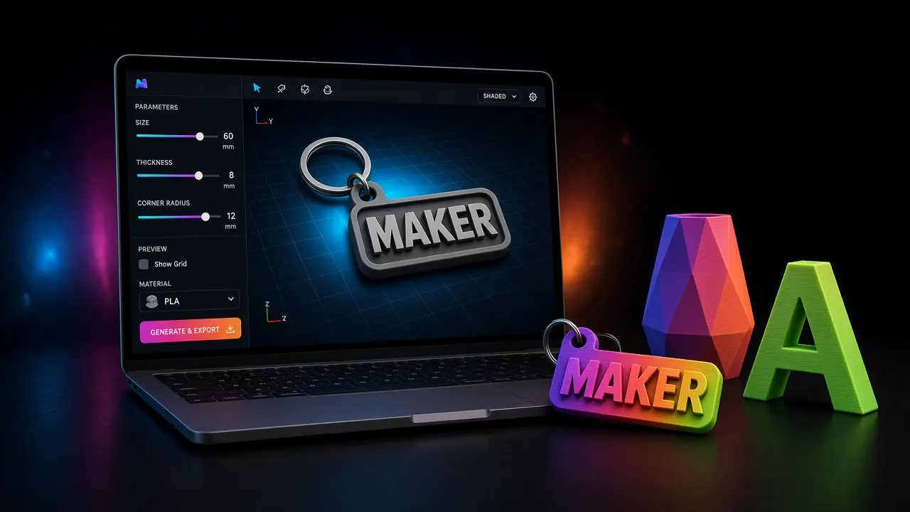Notebook com gerador de chaveiro M4KER ao lado de peças 3D coloridas